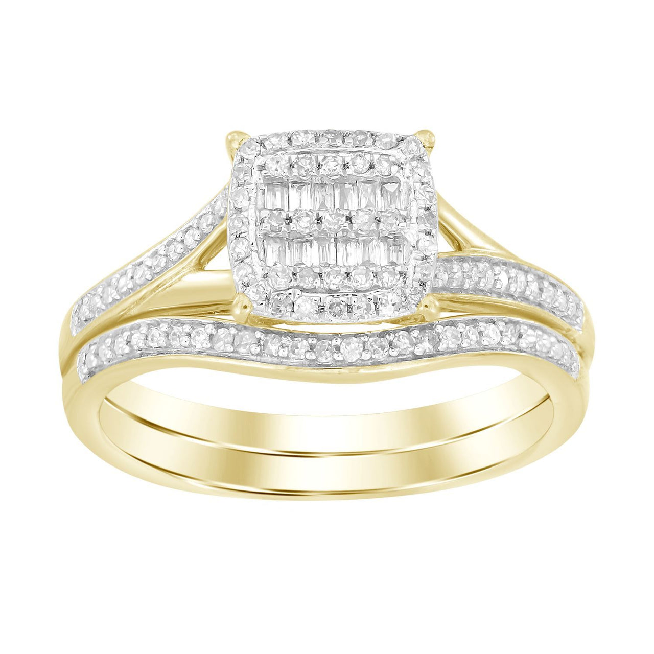 LADIES BRIDAL RING SET 1/4 CT ROUND/BAGUETTE DIAMOND 10K YELLOW GOLD
