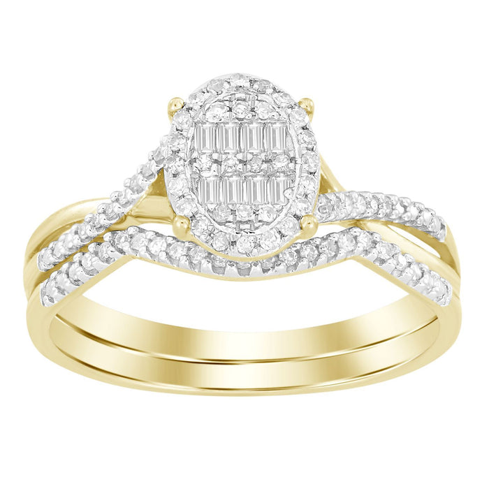 LADIES BRIDAL RING SET 1/4 CT ROUND/BAGUETTE DIAMOND 10K YELLOW GOLD