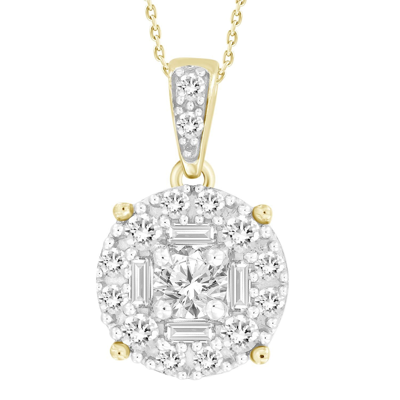 LADIES PENDANT 3/8 CT ROUND/BAGUETTE DIAMOND 10K YELLOW GOLD