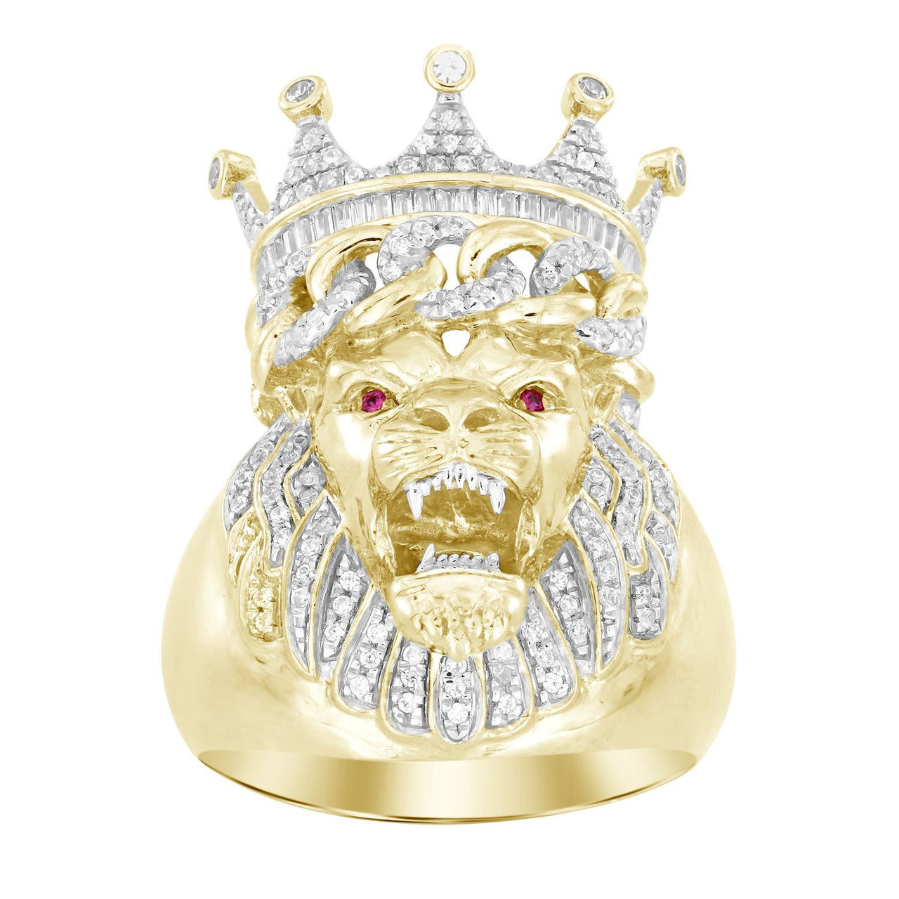MEN'S RING 4 CT ROUND/BAGUETTE/RUBY DIAMOND 10K YELLOW GOLD