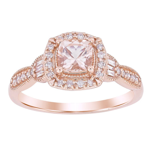 LADIES RING 1/5 CT ROUND/ROUND/CUSHION/PEACH MORGANITE DIAMOND 10K ROSE GOLD(CENTER-1/2)