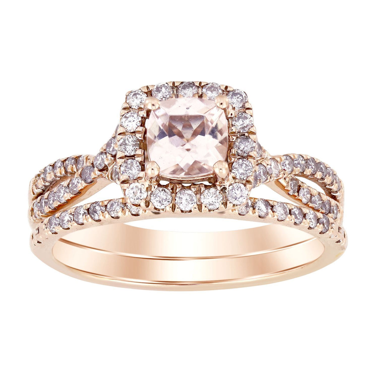 LADIES BRIDAL RING SET 1/2 CT ROUND/CUSHION/PEACH MORGANITE DIAMOND 10K ROSE GOLD(CENTER-1/2)