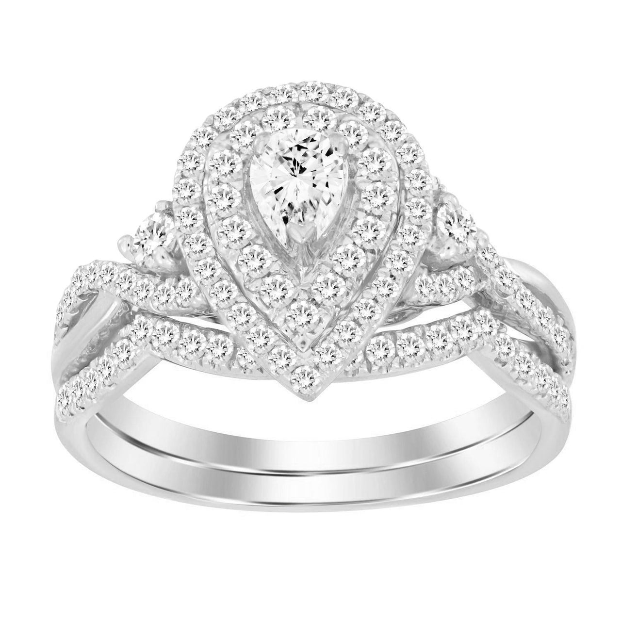 LADIES BRIDAL RING SET 3/4 CT ROUND/PEAR DIAMOND 14K WHITE GOLD