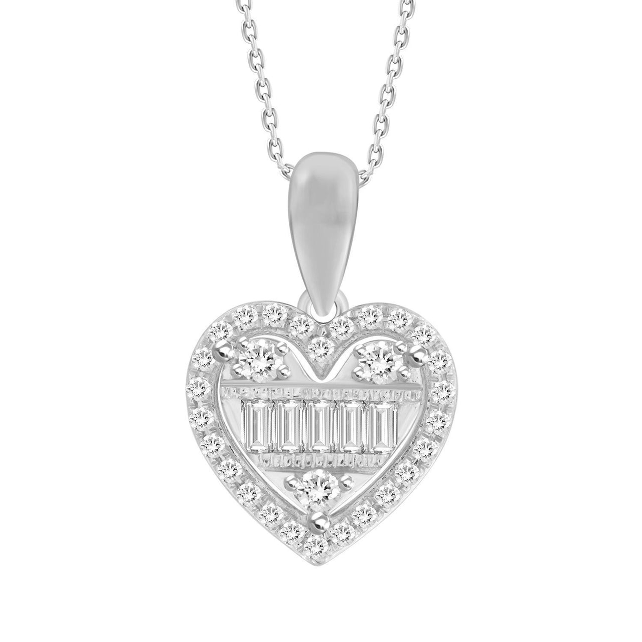 LADIES PENDANT 1/5 CT ROUND/BAGUETTE DIAMOND 10K WHITE GOLD