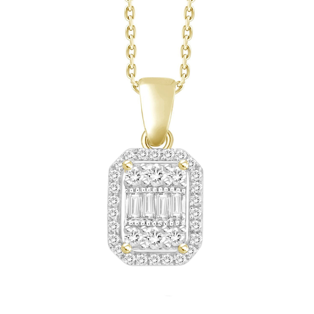 LADIES PENDANT 1/5 CT ROUND/BAGUETTE DIAMOND 10K YELLOW GOLD