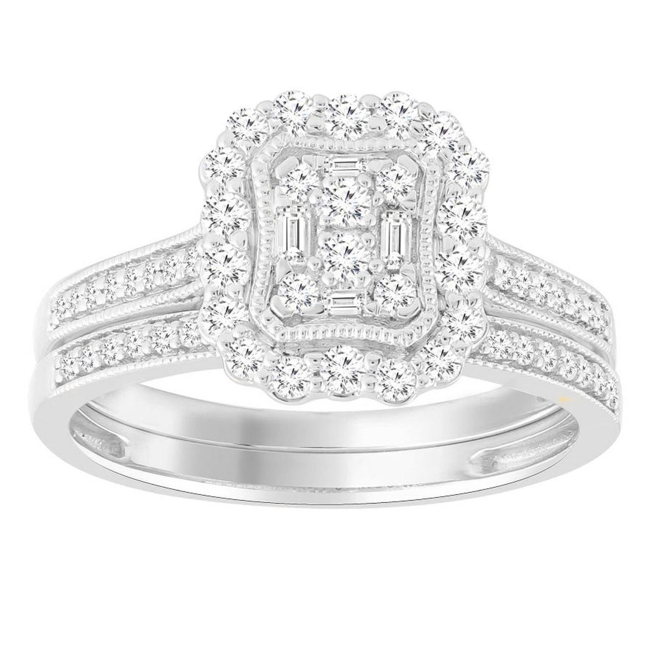 LADIES BRIDAL RING SET 1/2 CT ROUND/BAGUETTE DIAMOND 10K WHITE GOLD