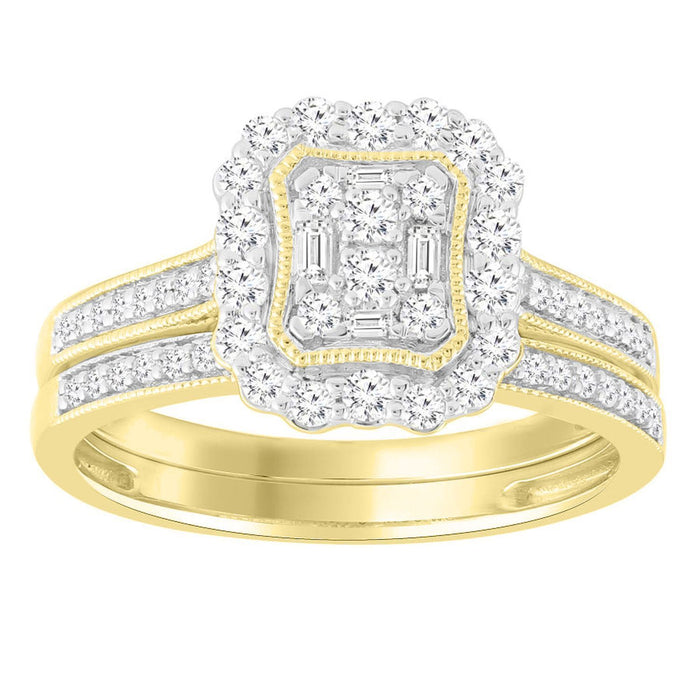 LADIES BRIDAL RING SET 1/2 CT ROUND/BAGUETTE DIAMOND 10K YELLOW GOLD