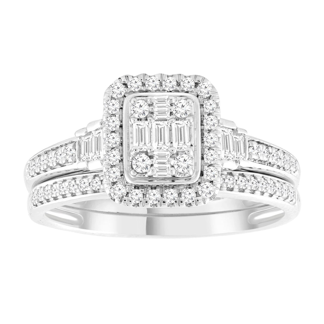 LADIES BRIDAL RING SET 3/8 CT ROUND/BAGUETTE DIAMOND 10K WHITE GOLD