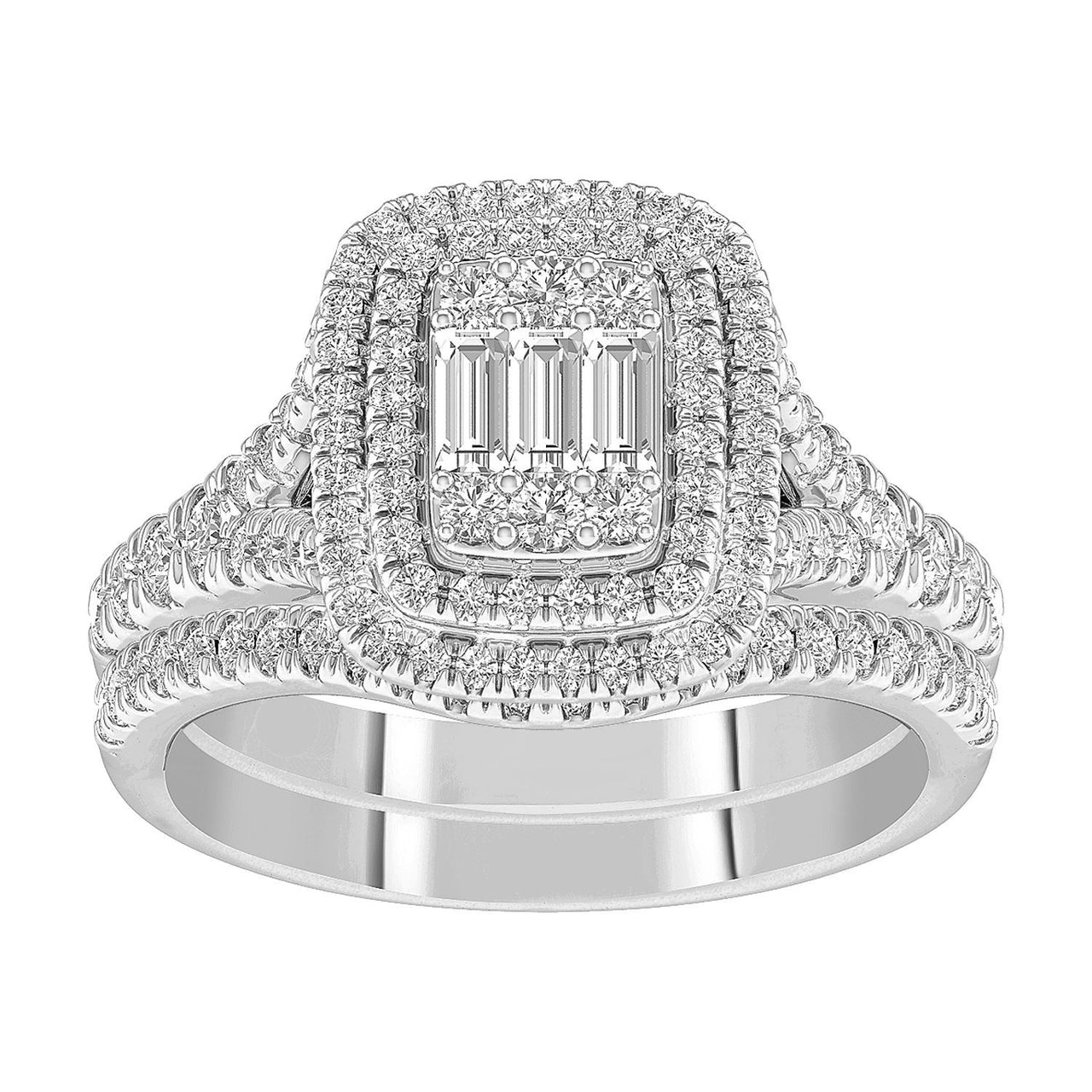 LADIES BRIDAL RING SET 1 CT ROUND/BAGUETTE DIAMOND 14K WHITE GOLD