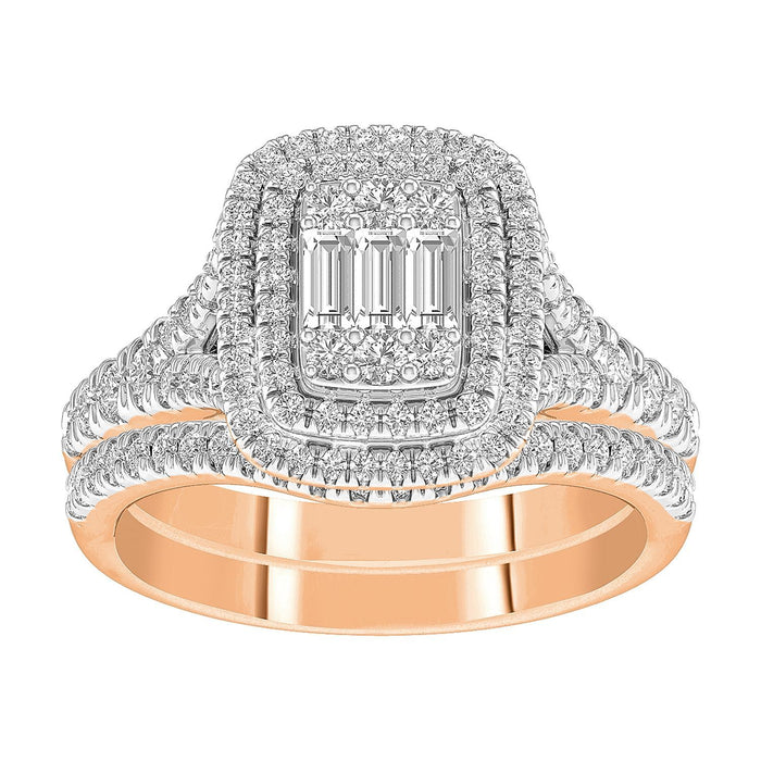 LADIES BRIDAL RING SET 1 CT ROUND/BAGUETTE DIAMOND 14K ROSE GOLD