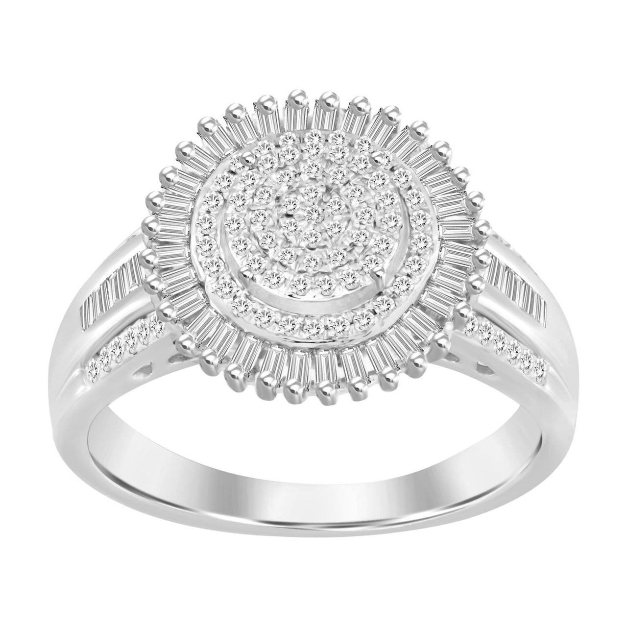 LADIES RING 1/2 CT ROUND/BAGUETTE DIAMOND 10K WHITE GOLD