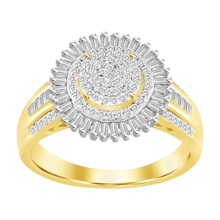 LADIES RING 1/2 CT ROUND/BAGUETTE DIAMOND 10K YELLOW GOLD