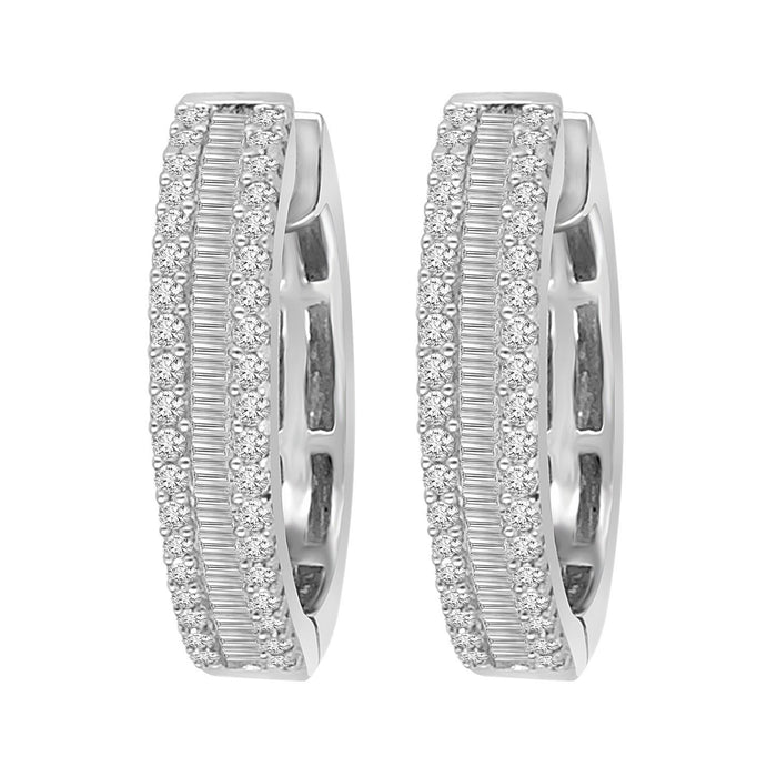 LADIES HOOPS 1 CT ROUND/BAGUETTE DIAMOND 10K WHITE GOLD