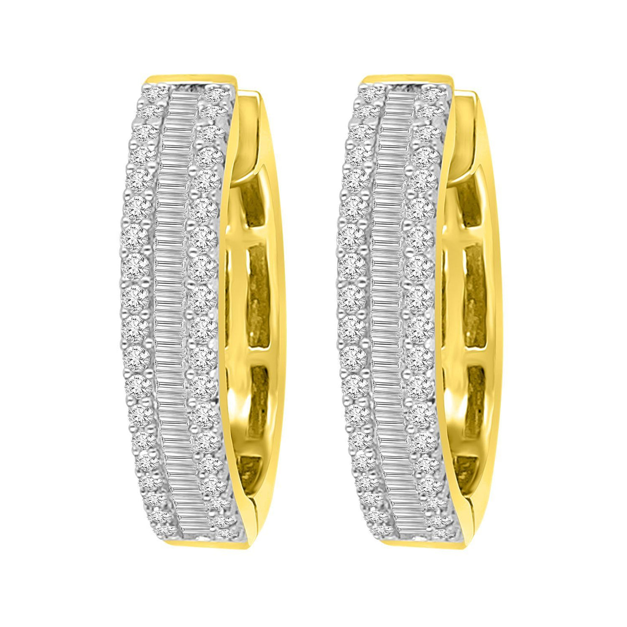 LADIES HOOPS 1 CT ROUND/BAGUETTE DIAMOND 10K YELLOW GOLD