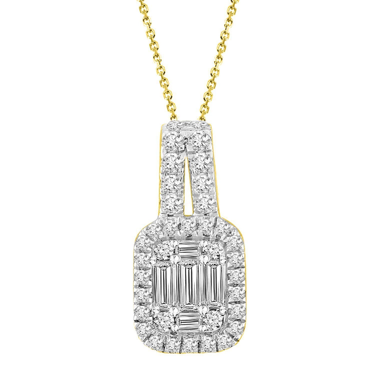 LADIES PENDANT 1/2 CT ROUND/BAGUETTE DIAMOND 14K YELLOW GOLD