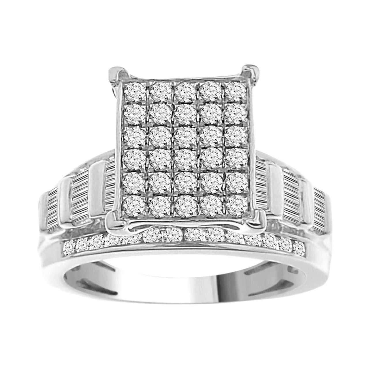 LADIES RING 1 CT ROUND/BAGUETTE DIAMOND 10K WHITE GOLD