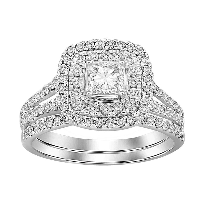 LADIES BRIDAL RING SET 1 CT ROUND/PRINCESS DIAMOND 14K WHITE GOLD