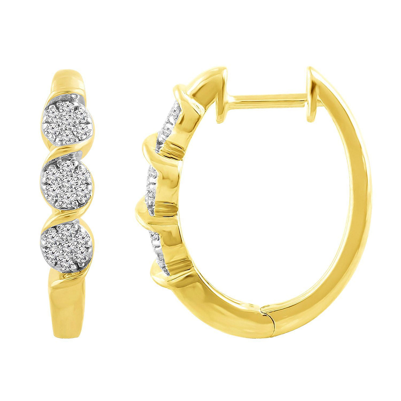 LADIES HOOP EARRING 1/4 CT ROUND DIAMOND 10K YELLOW GOLD