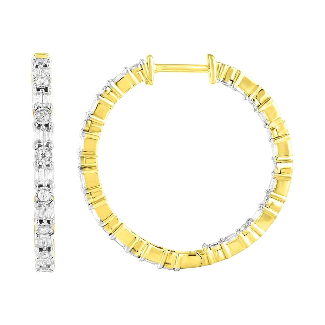 LADIES HOOPS 1 CT ROUND/BAGUETTE DIAMOND 10K YELLOW GOLD