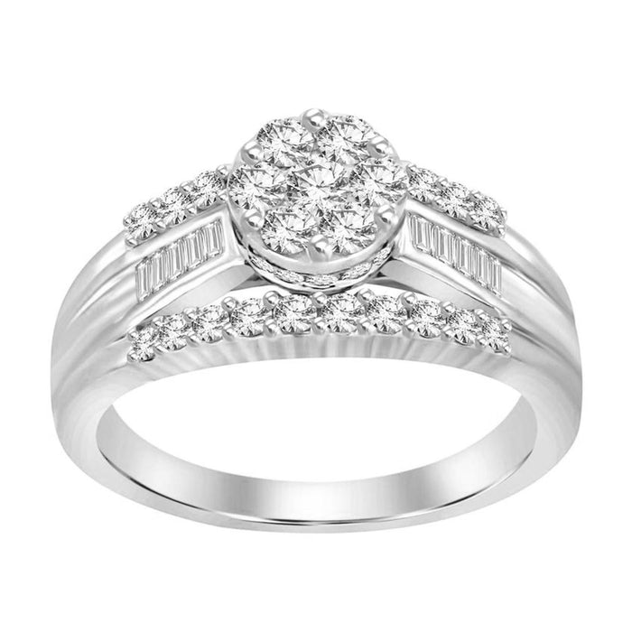 LADIES RING 1 CT ROUND/BAGUETTE DIAMOND 10K WHITE GOLD