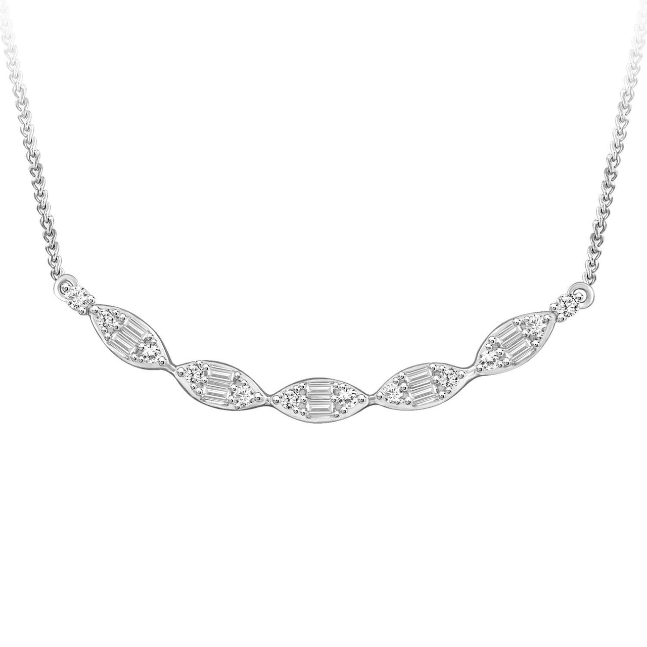 LADIES NECKLACE 1/5 CT ROUND/BAGUETTE DIAMOND 10K WHITE GOLD