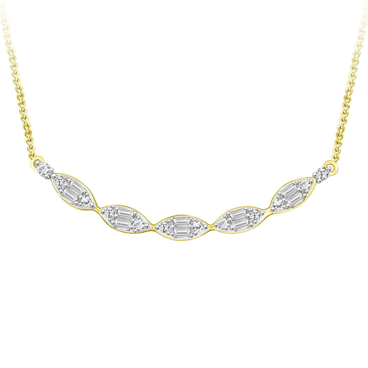 LADIES NECKLACE 1/5 CT ROUND/BAGUETTE DIAMOND 10K YELLOW GOLD