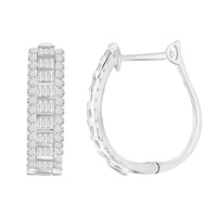 Thumbnail for LADIES HOOPS EARRING 10K WHITE GOLD 1 1/2 CT ROUND/BAGUETTE DIAMOND
