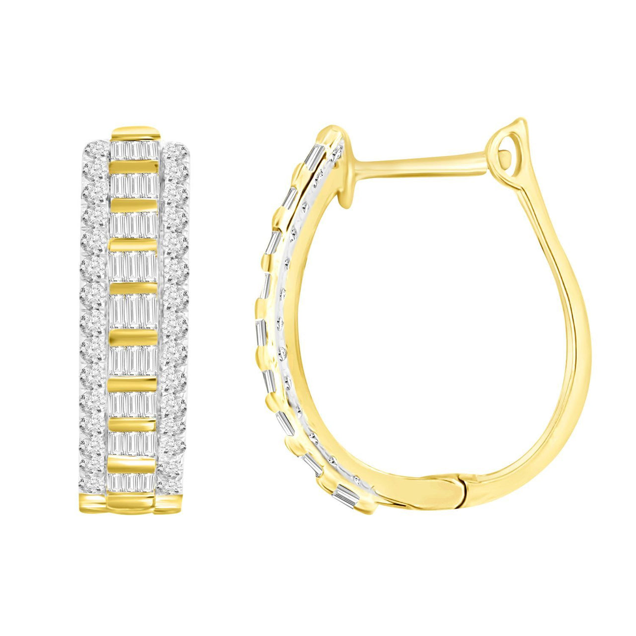 LADIES HOOPS 1 1/2 CT ROUND/BAGUETTE DIAMOND 10K YELLOW GOLD