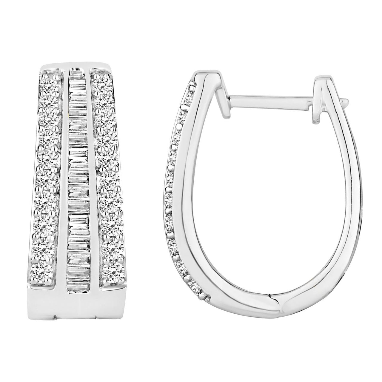 LADIES HOOPS 1 CT ROUND/BAGUETTE DIAMOND 10K WHITE GOLD