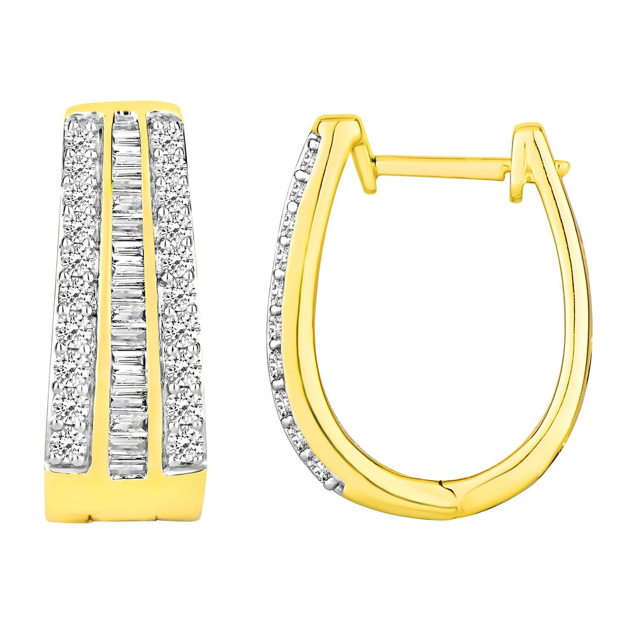 LADIES HOOPS 1 CT ROUND/BAGUETTE DIAMOND 10K YELLOW GOLD