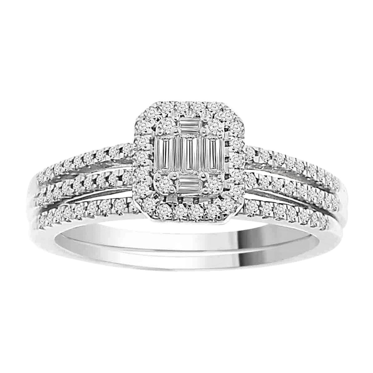 LADIES BRIDAL RING SET 1/3 CT ROUND/BAGUETTE DIAMOND 14K WHITE GOLD