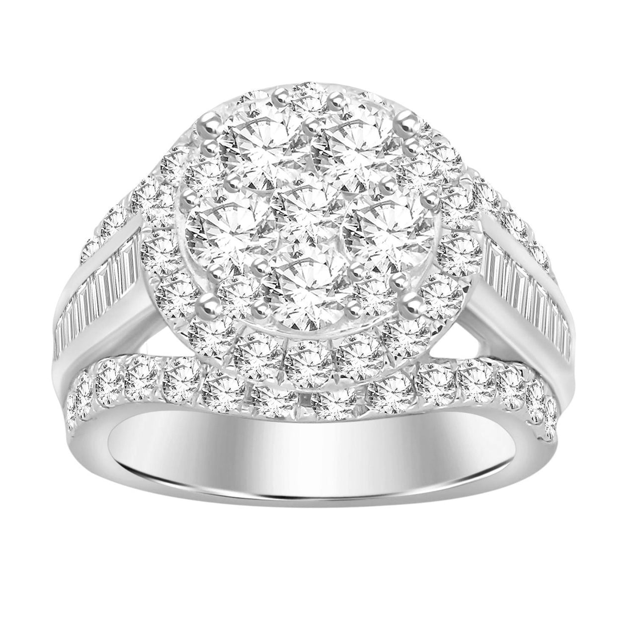 LADIES RING 3 CT ROUND/BAGUETTE DIAMOND 10K WHITE GOLD