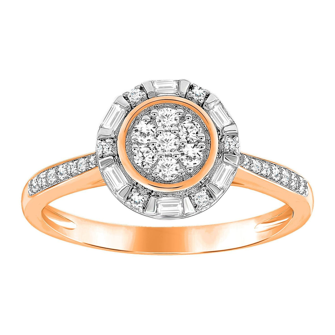 LADIES RING 1/3 CT ROUND/BAGUETTE DIAMOND 10K ROSE GOLD