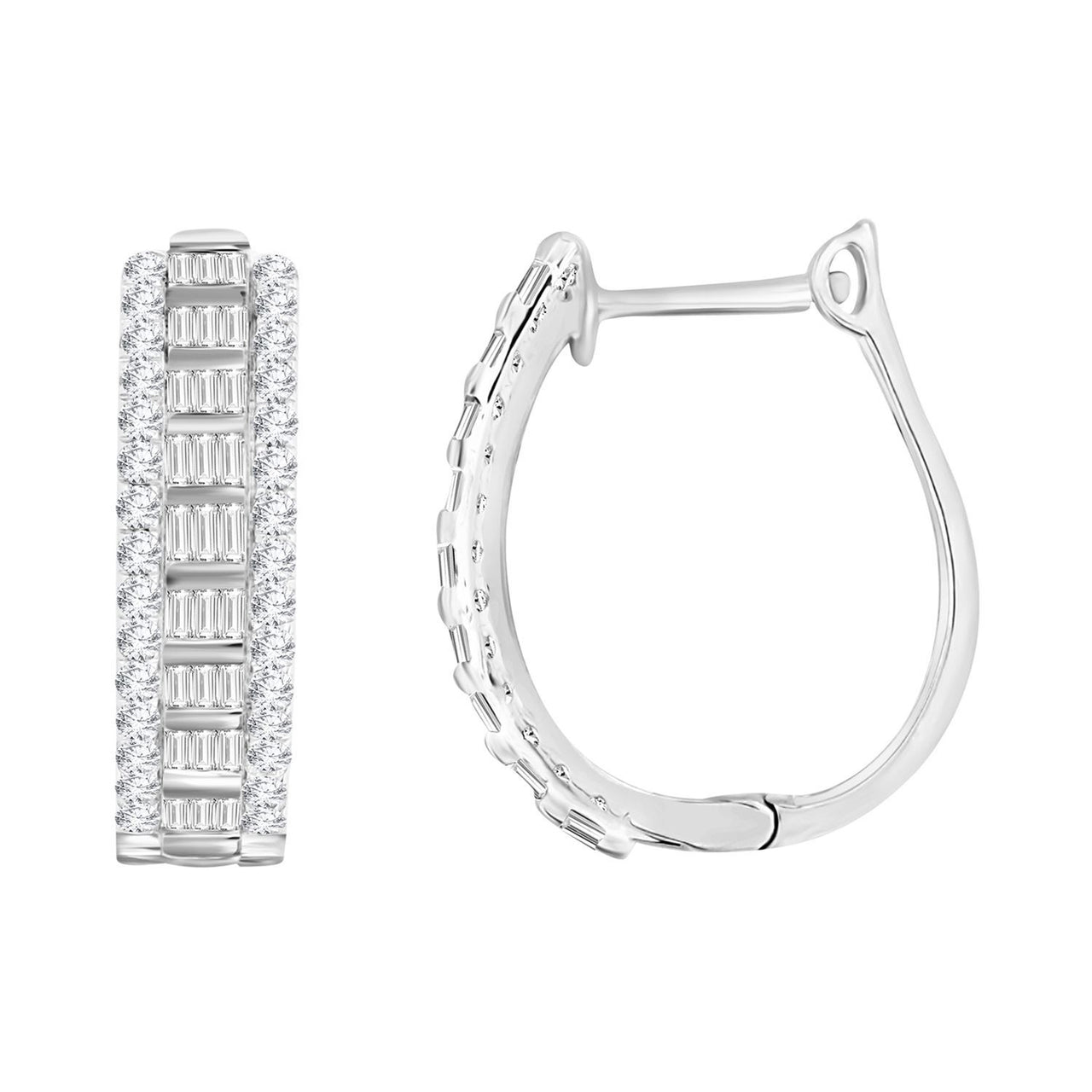 LADIES HOOPS EARRING 1/2 CT ROUND/BAGUETTE DIAMOND 10K WHITE GOLD