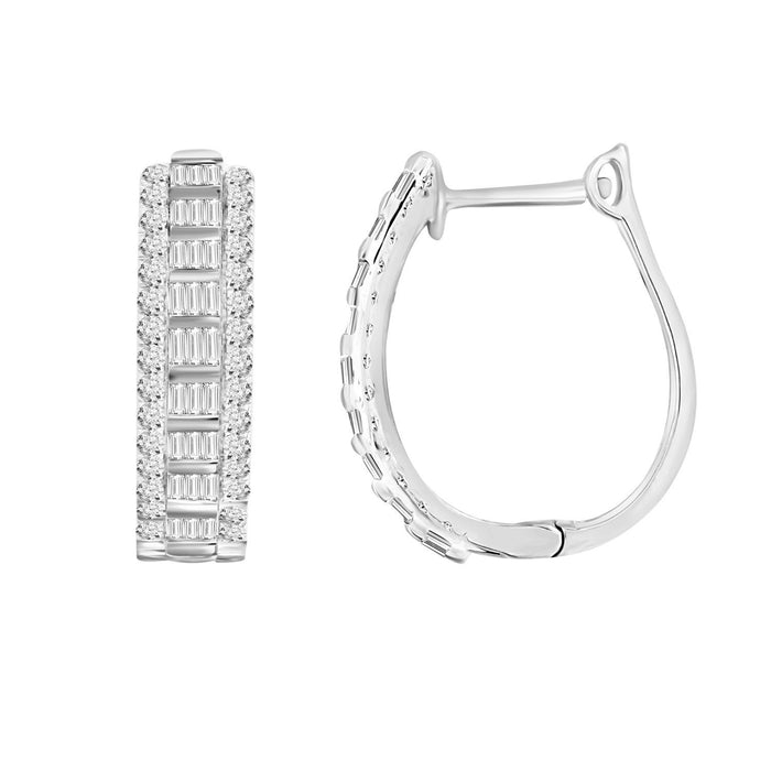 LADIES HOOPS EARRING 1 CT ROUND/BAGUETTE DIAMOND 10K WHITE GOLD