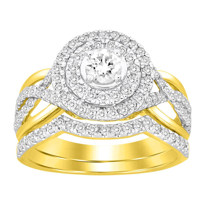 LADIES BRIDAL RING SET 1 CT ROUND/PRINCESS DIAMOND 14K YELLOW GOLD