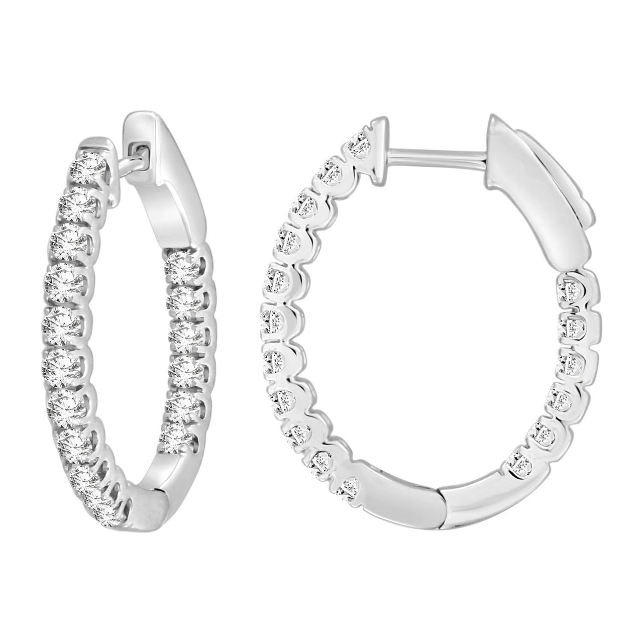 LADIES HOOPS 1 CT ROUND DIAMOND 10K WHITE GOLD