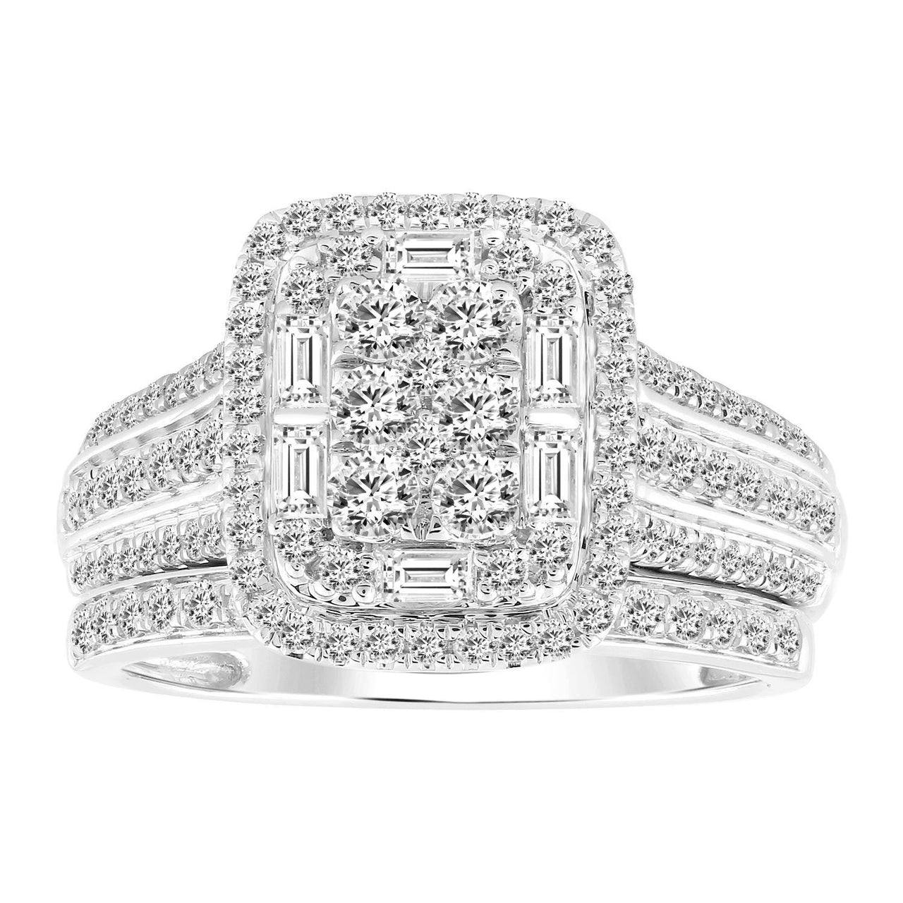 LADIES BRIDAL RING SET 1 CT ROUND/BAGUETTE DIAMOND 14K WHITE GOLD
