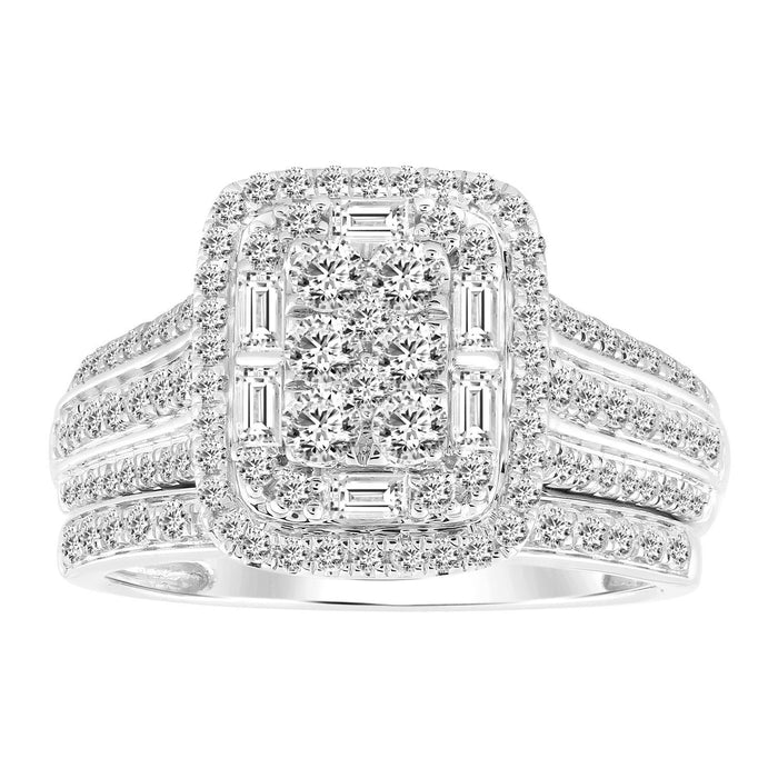 LADIES BRIDAL RING SET 1 CT ROUND/BAGUETTE DIAMOND 14K WHITE GOLD