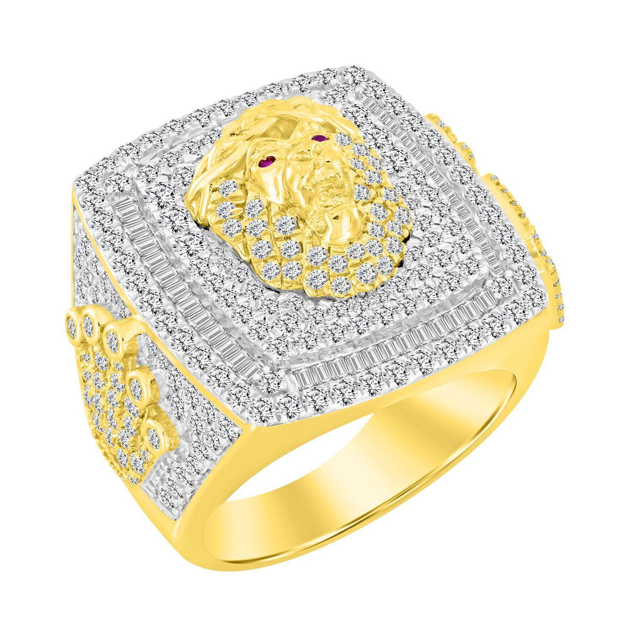 MEN'S RING 3 CT ROUND/BAGUETTE DIAMOND 10K YELLOW GOLD