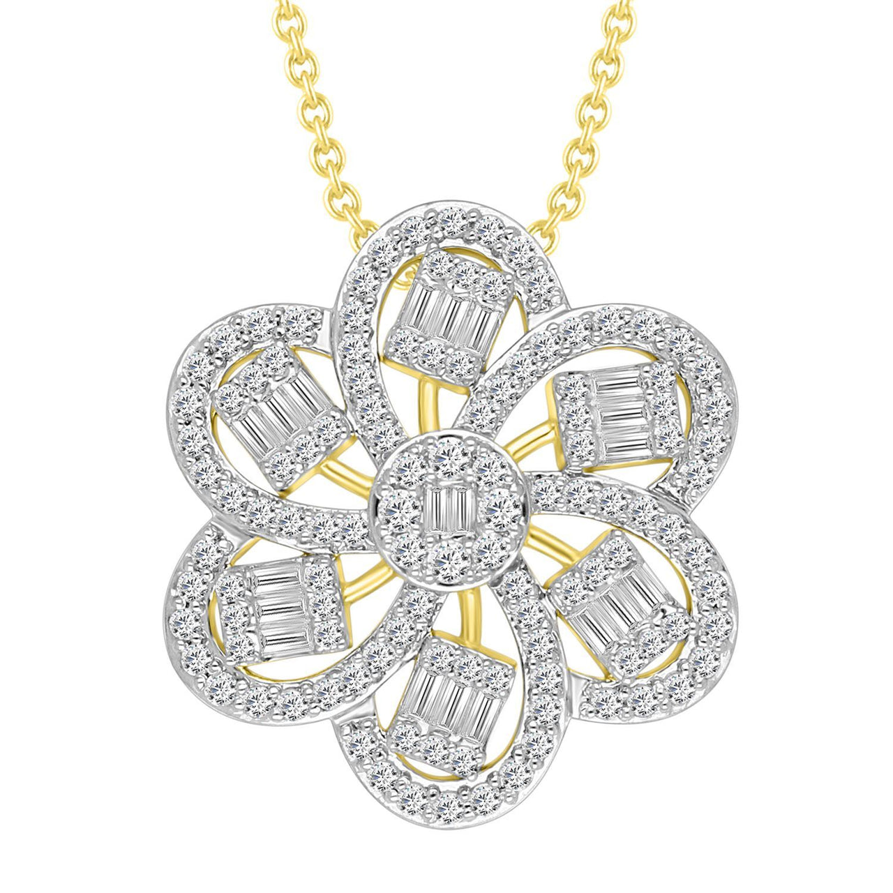 LADIES NECKLACE 1 CT ROUND/BAGUETTE DIAMOND 14K YELLOW GOLD