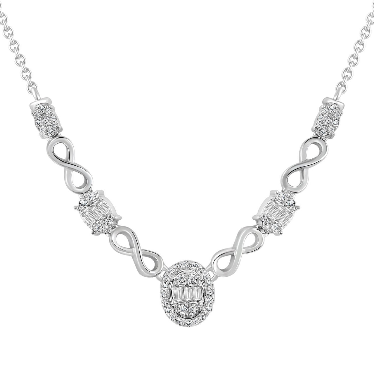 LADIES NECKLACE 1/3 CT ROUND/BAGUETTE DIAMOND 10K WHITE GOLD