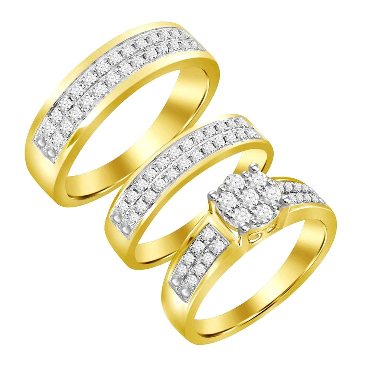 LADIES TRIO SET 3 CT ROUND DIAMOND 10K YELLOW GOLD