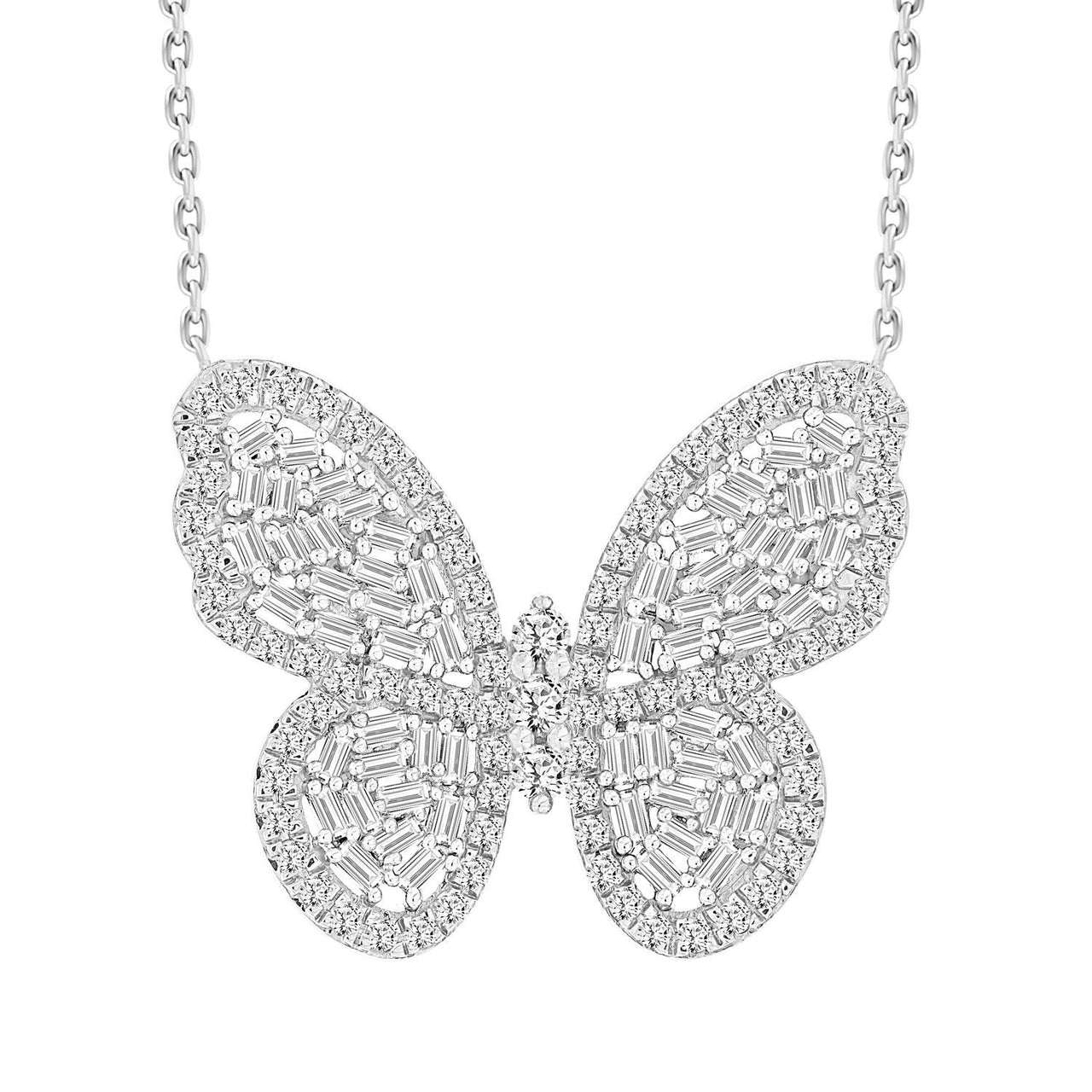 LADIES NECKLACE 1 CT ROUND/BAGUETTE DIAMOND 10K WHITE GOLD