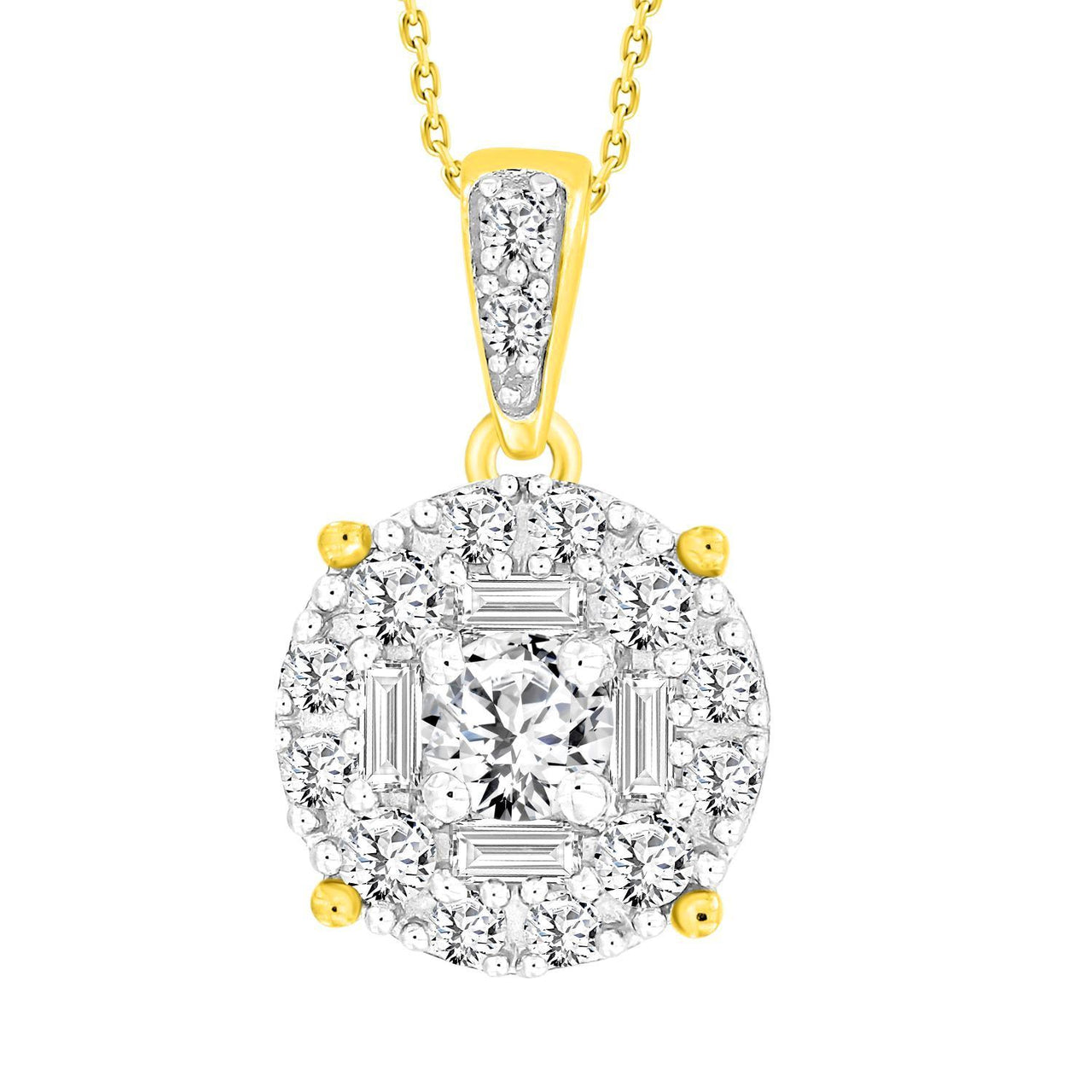 LADIES PENDANT 3/8 CT ROUND/BAGUETTE DIAMOND 14K YELLOW GOLD (CEN-0.15ct)