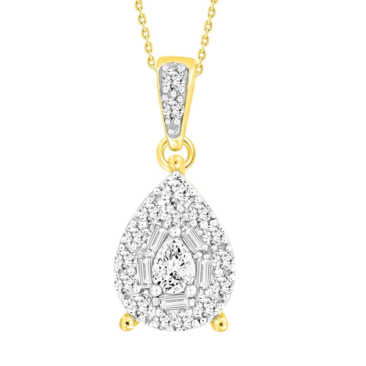 LADIES PENDANT 3/8 CT ROUND/BAGUETTE/PEAR DIAMOND 14K YELLOW GOLD (CEN-0.15ct)