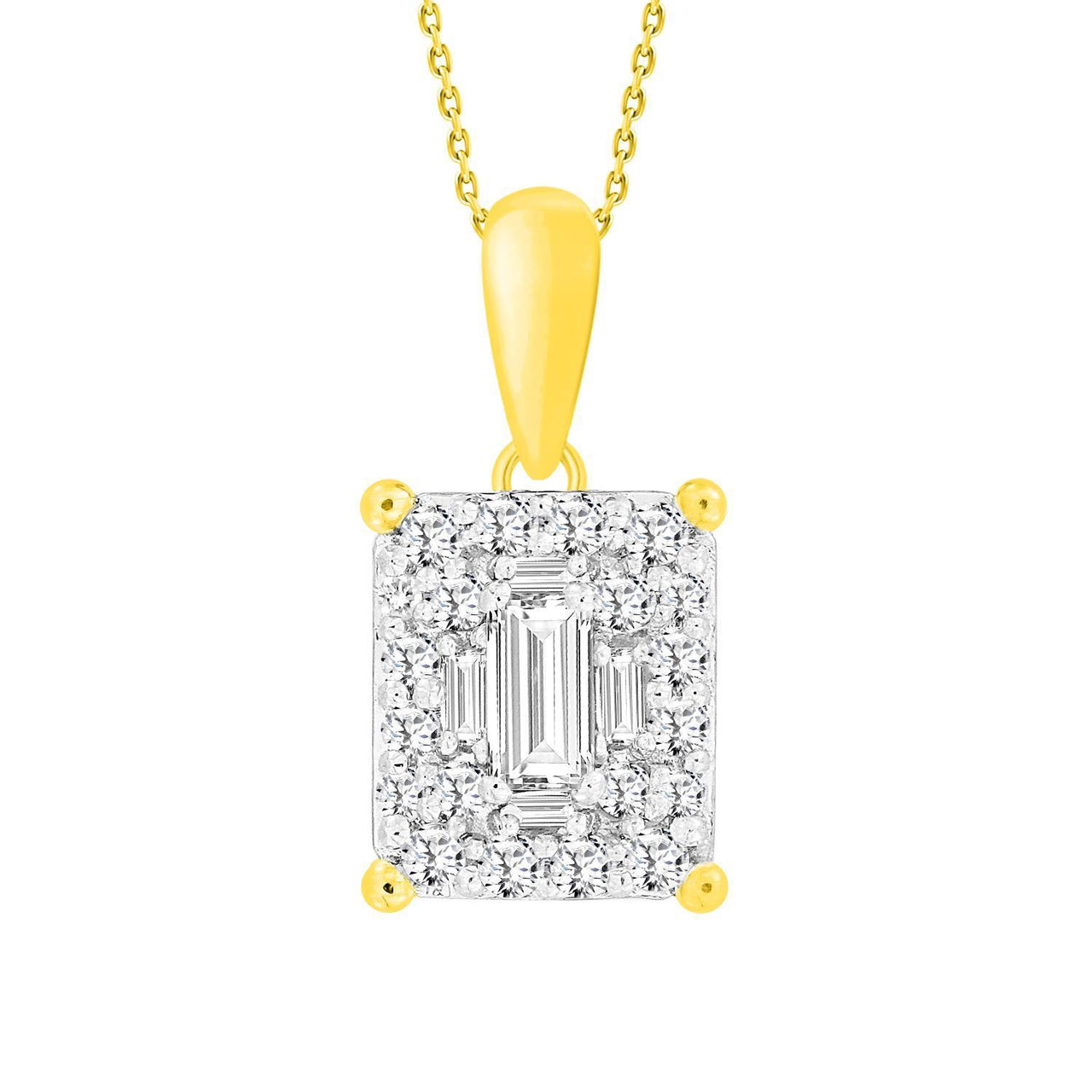 LADIES PENDANT 3/8 CT ROUND/BAGUETTE DIAMOND 14K YELLOW GOLD