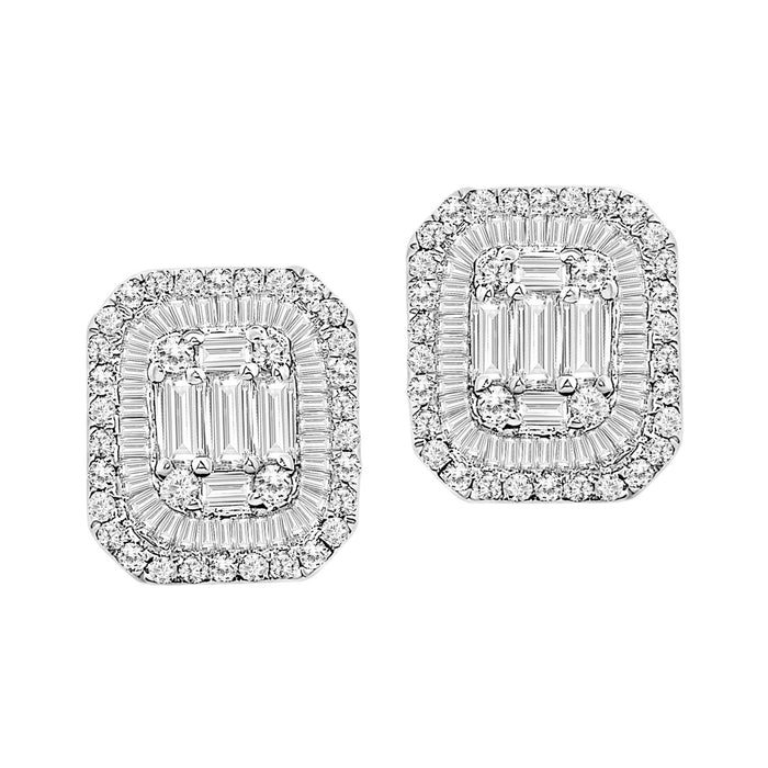 LADIES EARRINGS 7/8 CT ROUND/BAGUETTE DIAMOND 14K WHITE GOLD