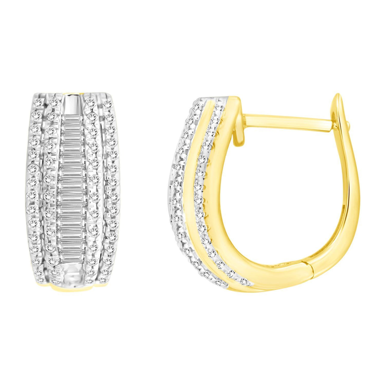 LADIES EARRING 1/2 CT ROUND/BAGUETTE DIAMOND 10K YELLOW GOLD