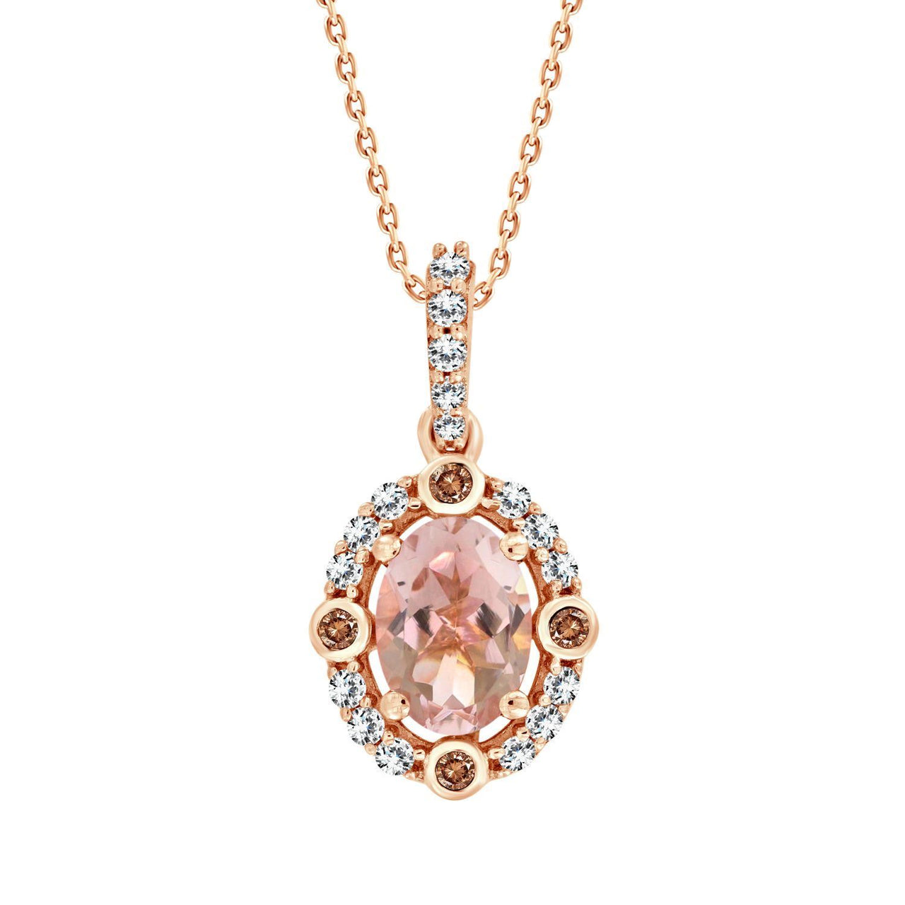 LADIES PENDANT 1/6 CT ROUND/CAPPUCCINO/OVAL PEACH MORGANITE DIAMOND 10K ROSE GOLD (CENTER-3/4)